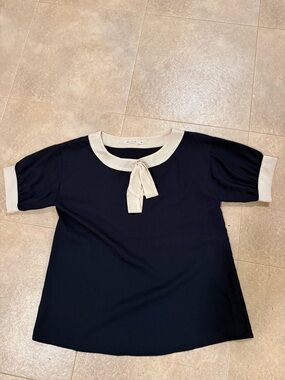 ModCloth Navy Top with Cream Trim and Neck Tie